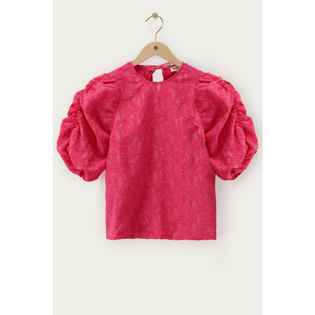 Roze jacquard top met pofmouwen en strikjes