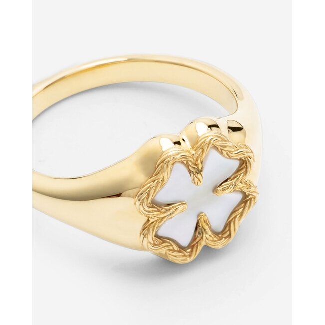 Signet Ring Katja Clover Mother of Pearl Verguld