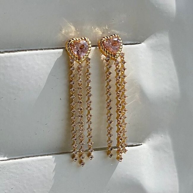 Hartvormige oorbel met roze stenen - 424142Y