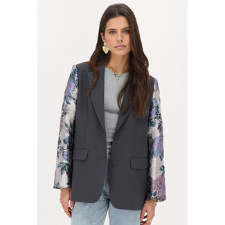 My Jewellery Donkergrijze blazer met jacquard mouwen - Maat L