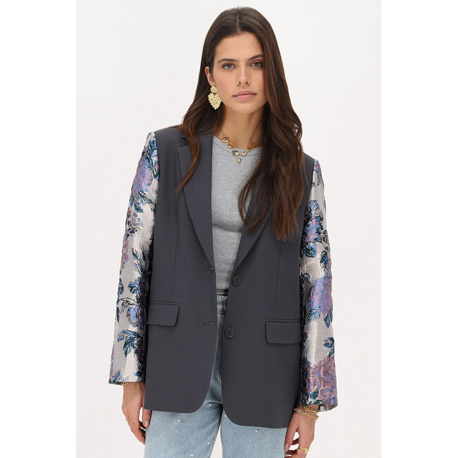 Donkergrijze blazer met jacquard mouwen - Maat L