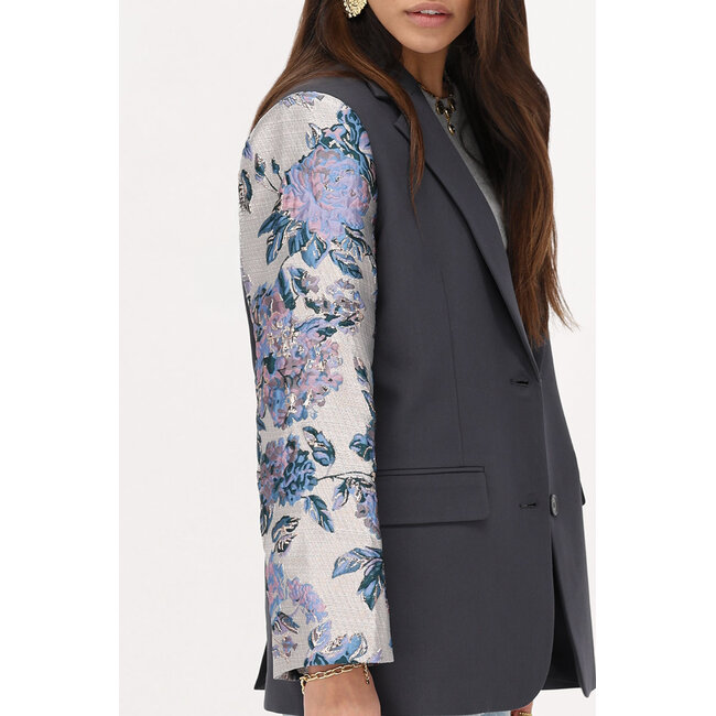 Donkergrijze blazer met jacquard mouwen - Maat L