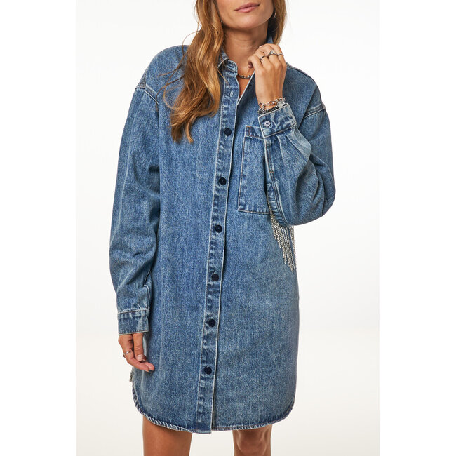Blauwe denim jurk met strassfranjes