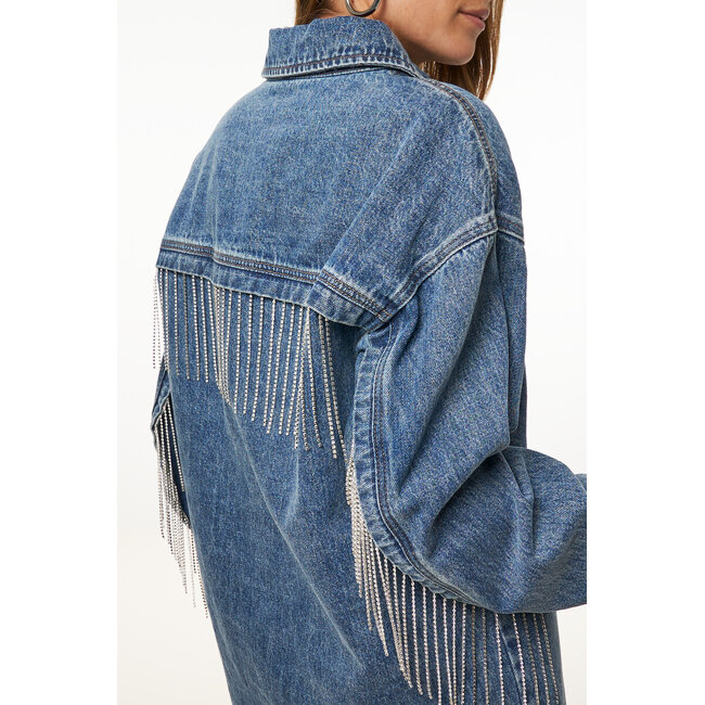 Blauwe denim jurk met strassfranjes