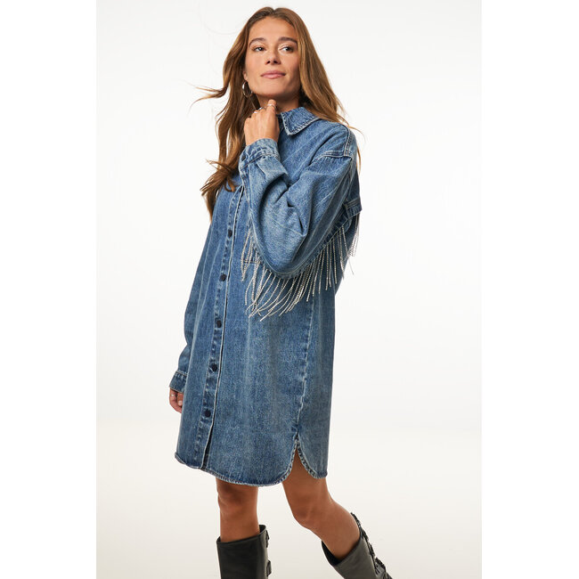 Blauwe denim jurk met strassfranjes