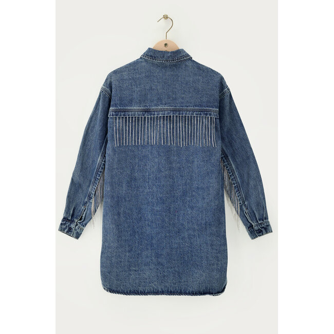 Blauwe denim jurk met strassfranjes