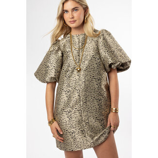My Jewellery Gouden jurk met pofmouwen en animal print