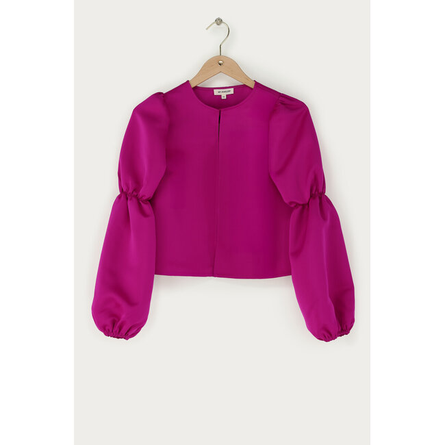 Paarse top met pofmouwen in satijn look