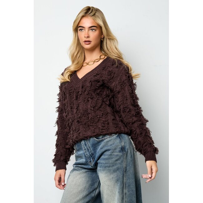 V-hals Fluffy Knit - Donkerbruin