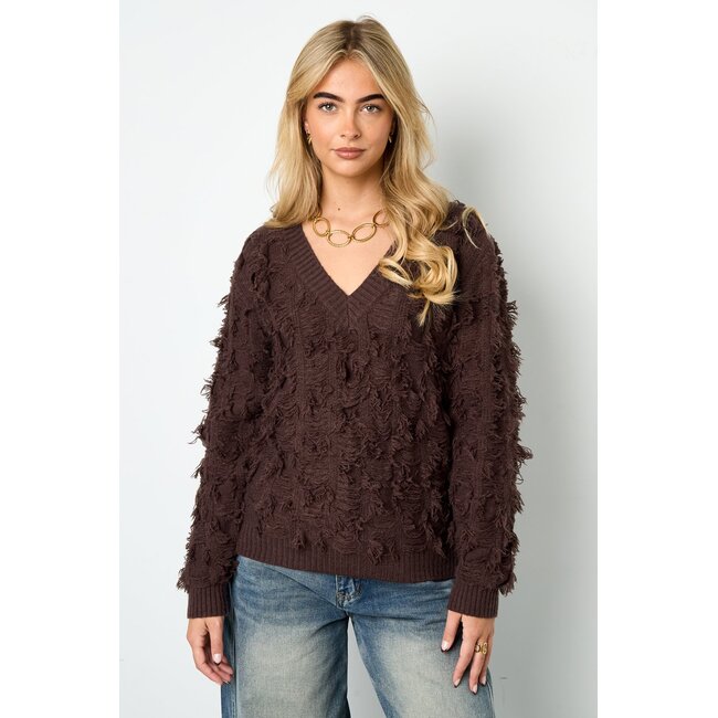 V-hals Fluffy Knit - Donkerbruin