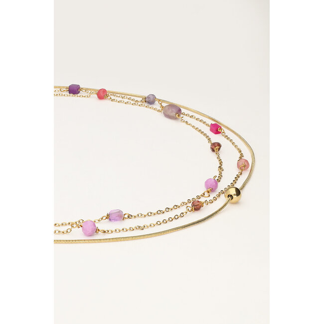 Driedubbele ketting met roze en paarse kraaltjes