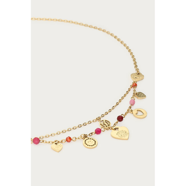 Ketting bedels met hartjes, rode & roze kralen