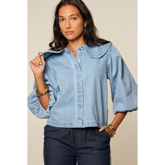 My Jewellery Blauwe denim top met korte pofmouwen en kraag