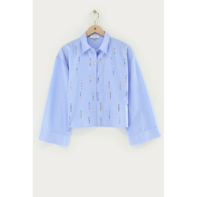 Blauw gestreepte blouse met multikleur kralen franjes