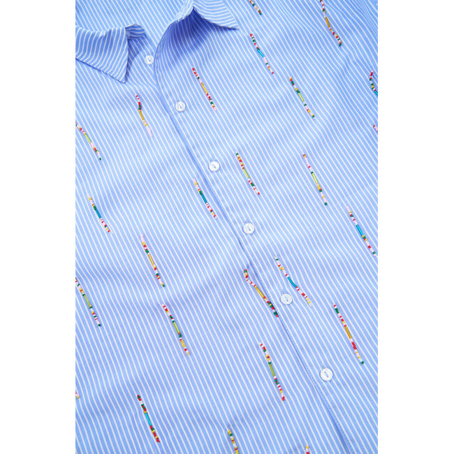 Blauw gestreepte blouse met multikleur kralen franjes