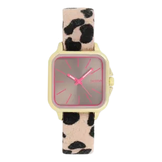 Oozoo Goudkleurig horloge met een bruine leren band - Roze