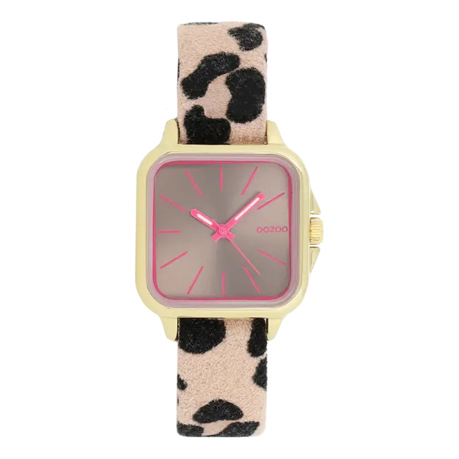 Goudkleurig horloge met een bruine leren band - Roze