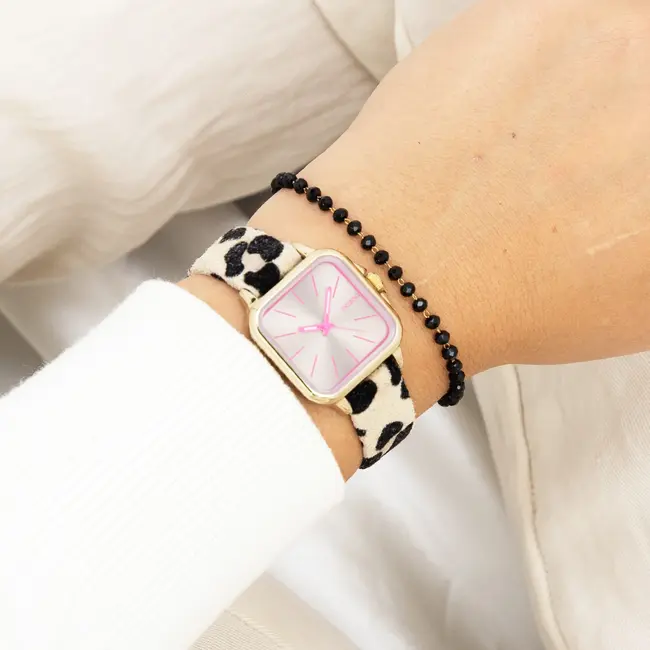 Goudkleurig horloge met een bruine leren band - Roze
