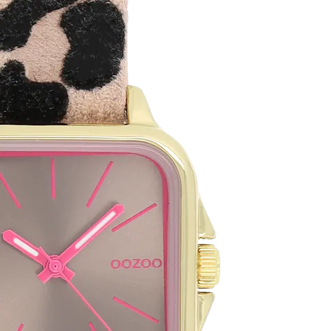Goudkleurig horloge met een bruine leren band - Roze