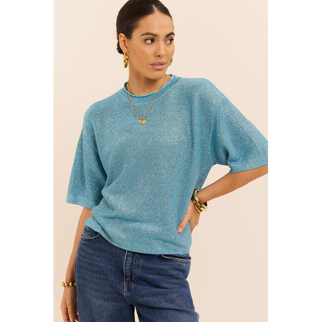 Blauwe lurex top met ronde hals