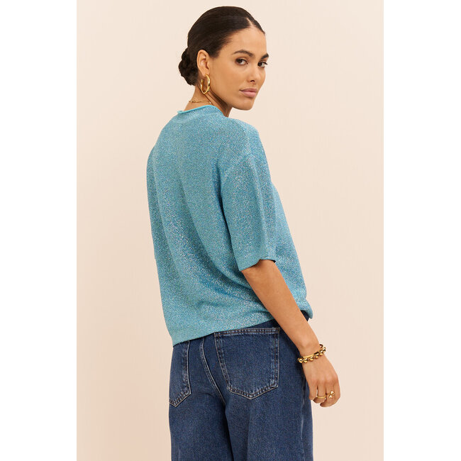 Blauwe lurex top met ronde hals