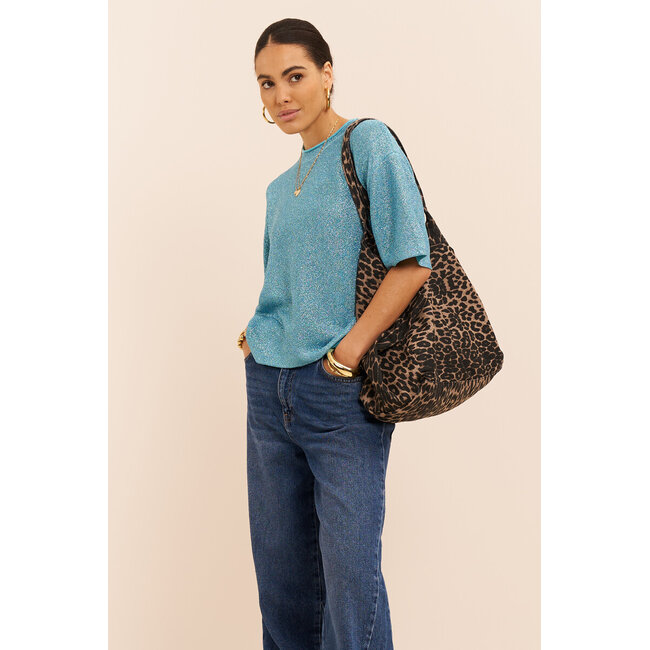 Blauwe lurex top met ronde hals