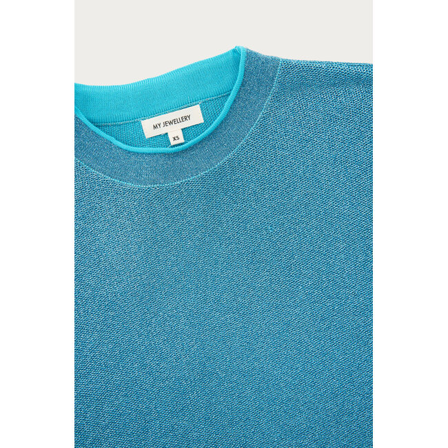 Blauwe lurex top met ronde hals