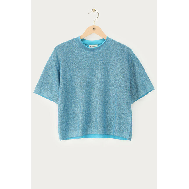Blauwe lurex top met ronde hals