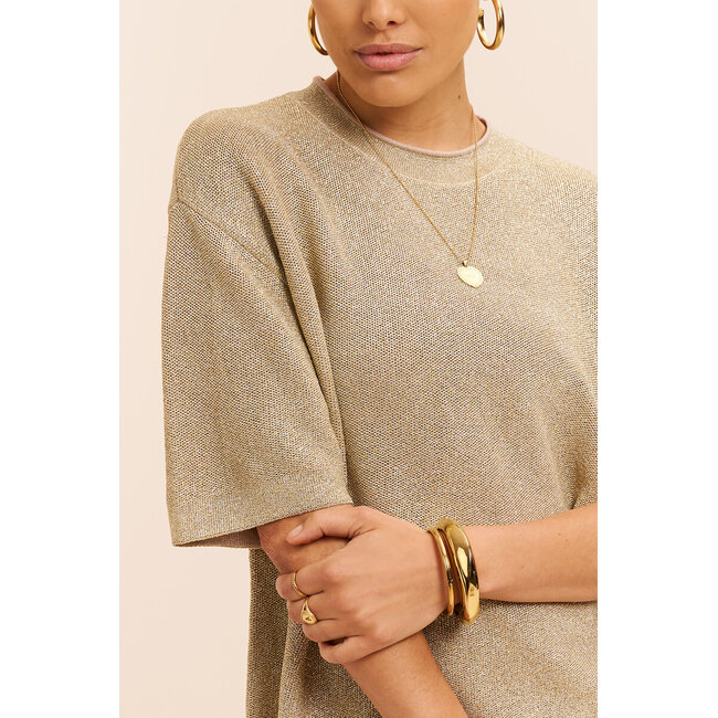 Beige lurex top met ronde hals