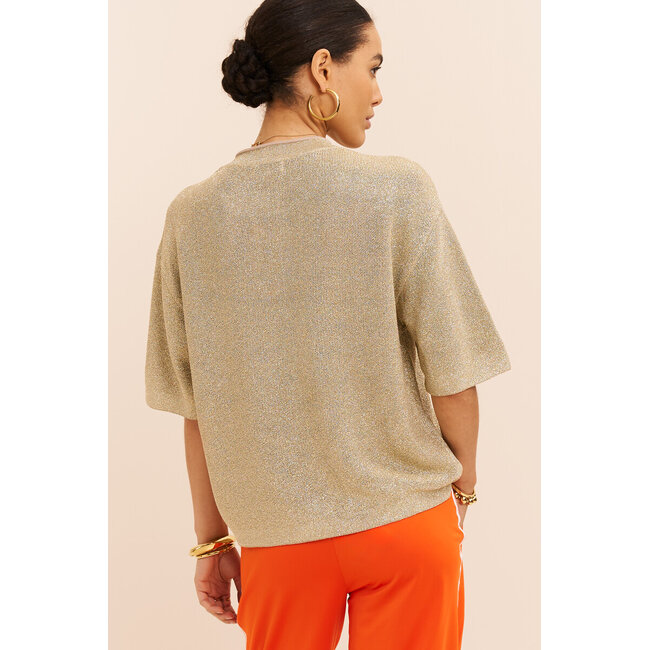 Beige lurex top met ronde hals