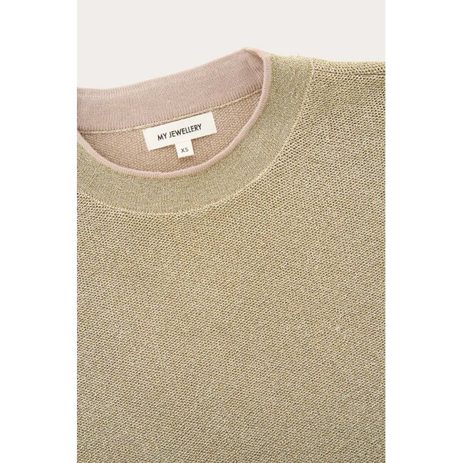 Beige lurex top met ronde hals