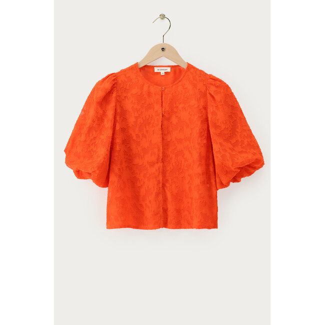 Oranje jacquard top met korte pofmouwen