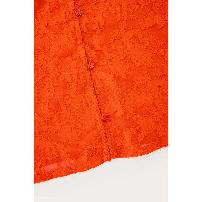 Oranje jacquard top met korte pofmouwen