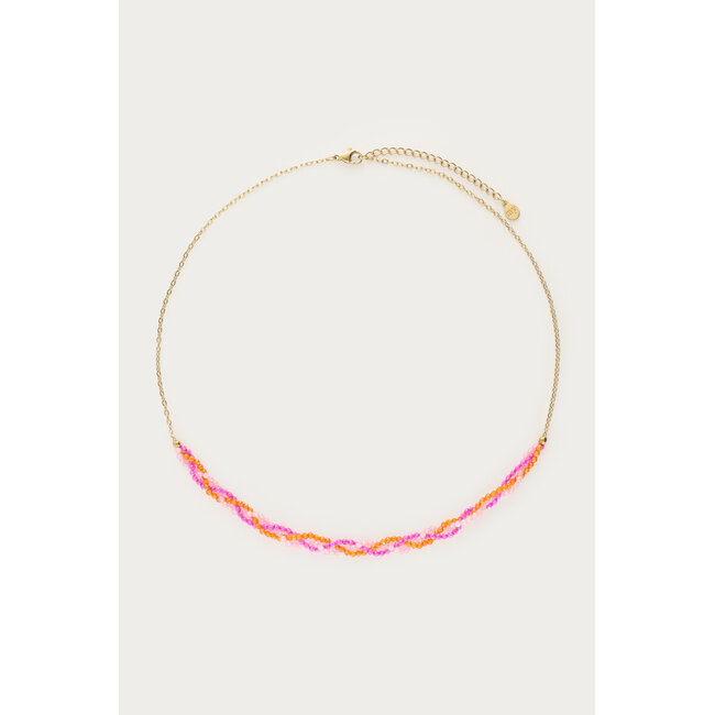Ciao gevlochten ketting met roze en oranje kralen