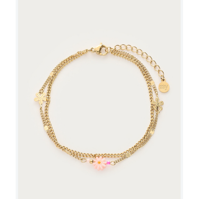 Botanical dubbele armband met roze bloemen