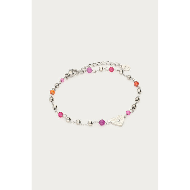 Armband met hartjes hanger & paarse kralen - Zilverkleurig