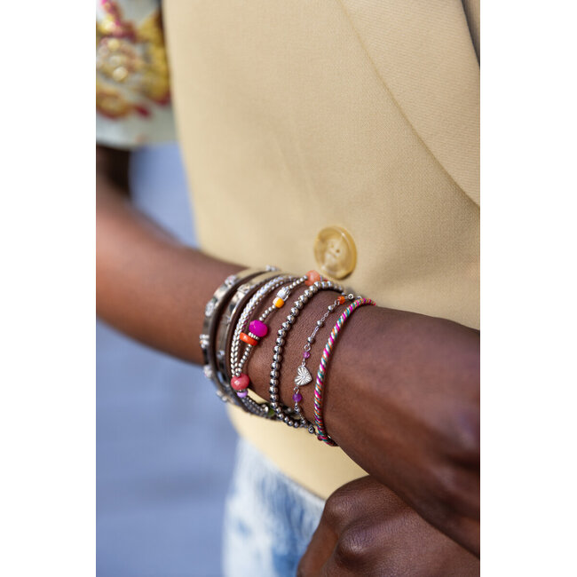 Armband met hartjes hanger & paarse kralen - Zilverkleurig