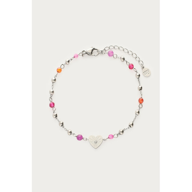 Armband met hartjes hanger & paarse kralen - Zilverkleurig