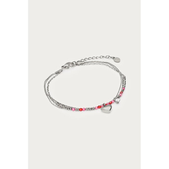Driedubbele armband met roze kralen en hartje - Zilverkleurig