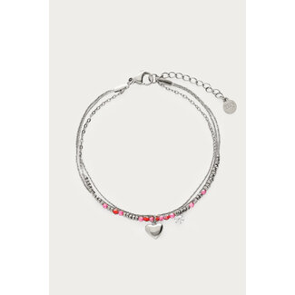 My Jewellery Driedubbele armband met roze kralen en hartje - Zilverkleurig