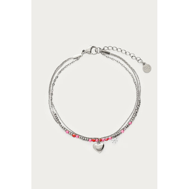 Driedubbele armband met roze kralen en hartje - Zilverkleurig