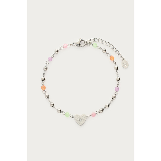 Armband met hartje & gekleurde kralen - Zilverkleurig