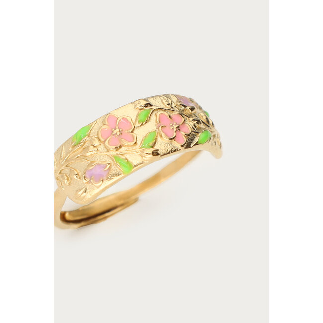 Botanical ring met roze bloemen