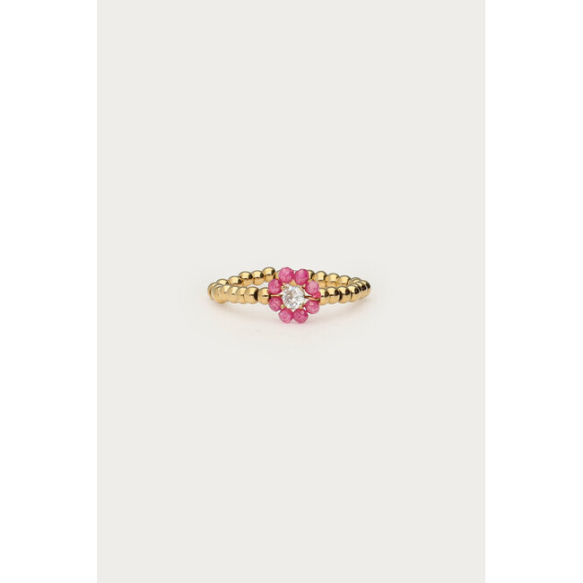 Botanical stretch ring met roze kralen bloem