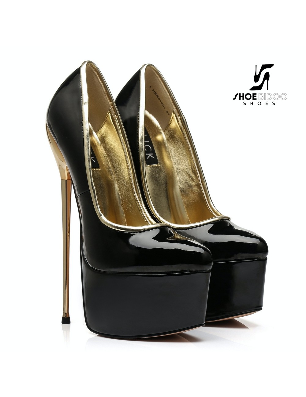 SLICK Schwarz glänzende Giaro Ultra Fetish Plateau Pumps mit goldenen Absätzen