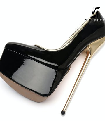 SLICK Schwarz glänzende Giaro Ultra Fetish Plateau Pumps mit goldenen Absätzen