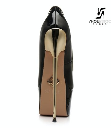 SLICK Schwarz glänzende Giaro Ultra Fetish Plateau Pumps mit goldenen Absätzen