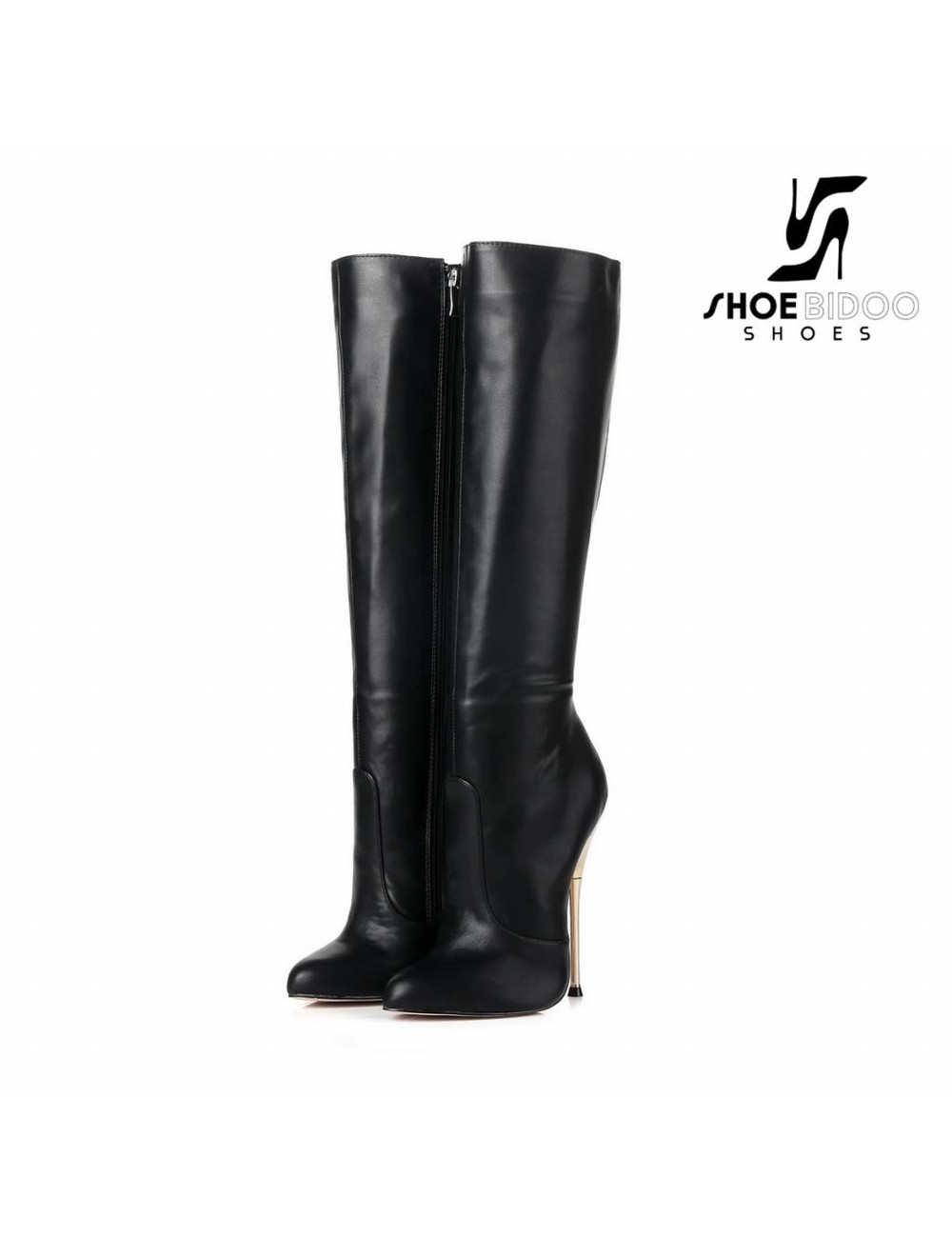 Giaro Black knee boots with ultra high gold metal heels