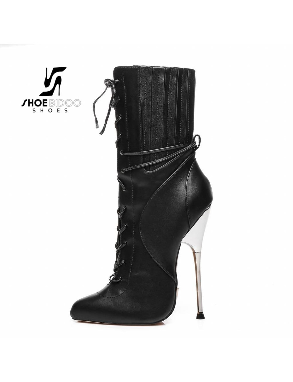 Giaro Black ankle boots with ultra high silver metal heels and lacing