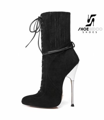 Giaro Black suede ankle boots with ultra high silver metal heels and lacing